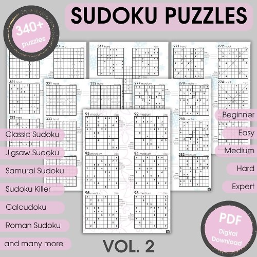 SudoKun Printable Sudoku Puzzles - Vol. 2 | More than 300 Puzzles | Instant Download PDF