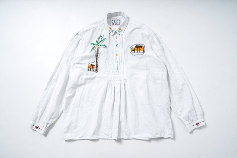 照舊 古著 提洛上衣8 手工刺繡 長袖 襯衫 vintage - 女上衣/長袖上衣 - 棉．麻 白色