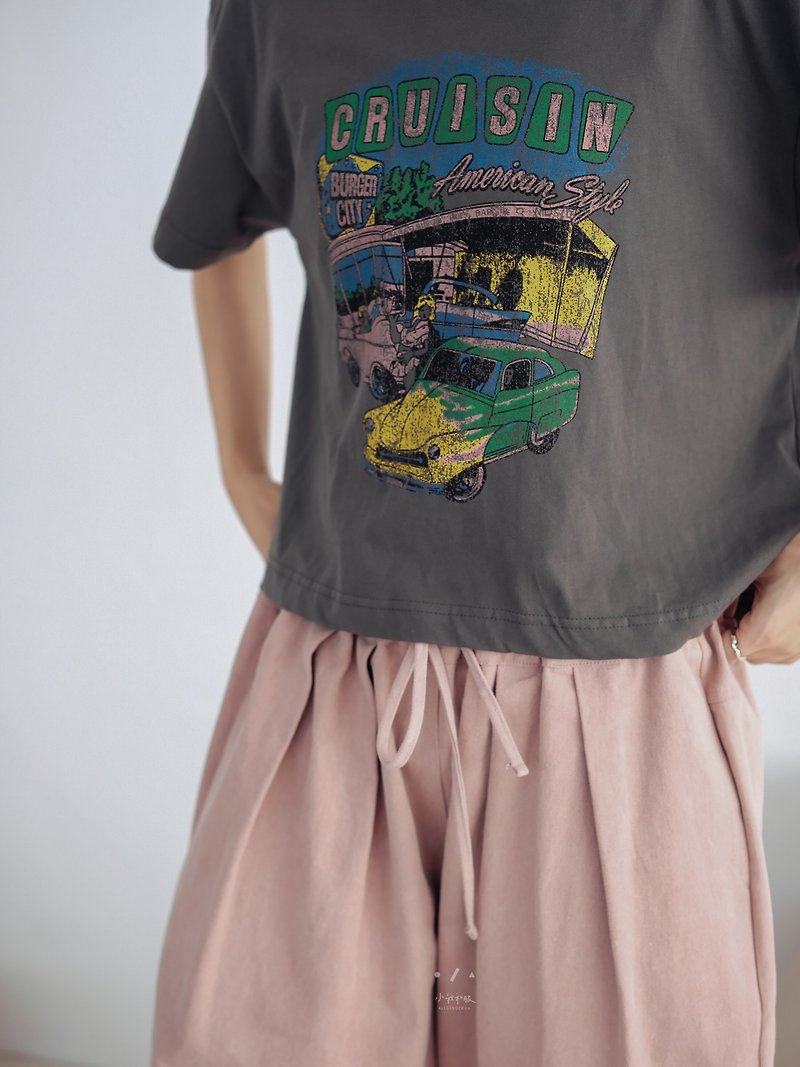 Retro Car Club Short Sleeve TEE - 2 Colors - Ink Car - Women's T-Shirts - Cotton & Hemp Gray