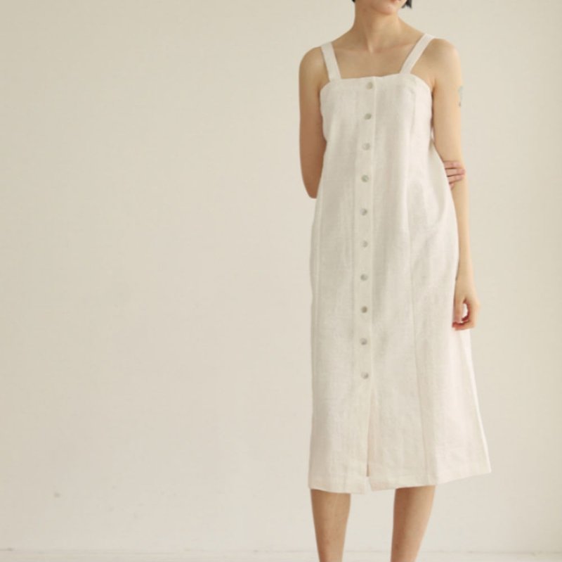 マーメイド|白とベージュのドレスの前面クラシックなストラップボタンスリムな薄い綿のリネンドレス - ワンピース - コットン・麻 ホワイト