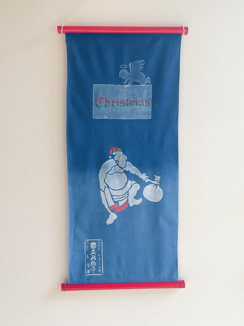 日本製 Christmas Tenugui　藍染手ぬぐい Santa Claus 相撲 天使 クリスマス サンタクロース 型摺り染　aizome Angel - 其他 - 棉．麻 藍色