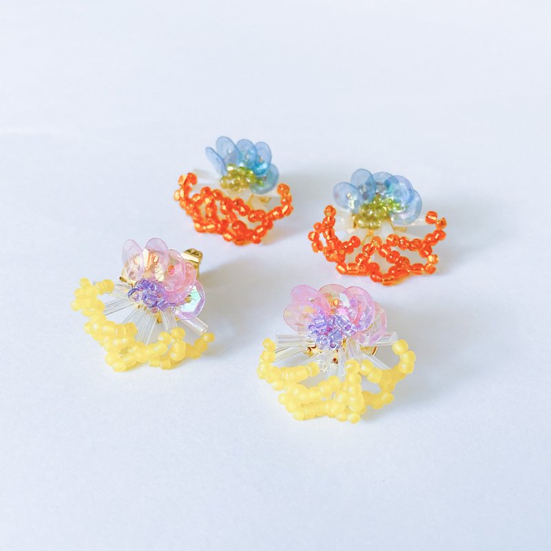 夏天的珊瑚-藍橘/粉黃色 耳環/耳針/耳夾/夾式/耳飾 - 耳環/耳夾/耳骨夾 - 其他材質 橘色