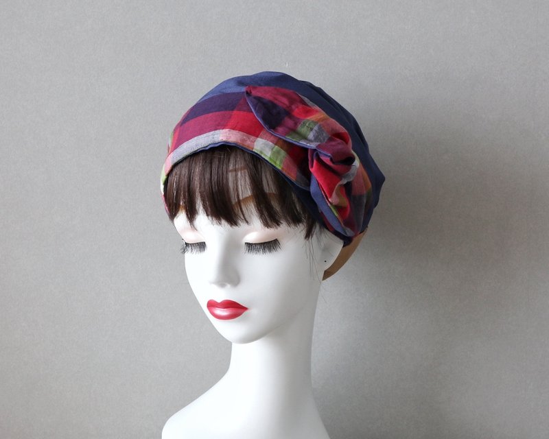 Retro Madras check sash ribbon and indigo hair turban Medical cap/Care cap Care cap - เครื่องประดับผม - ผ้าฝ้าย/ผ้าลินิน สีน้ำเงิน