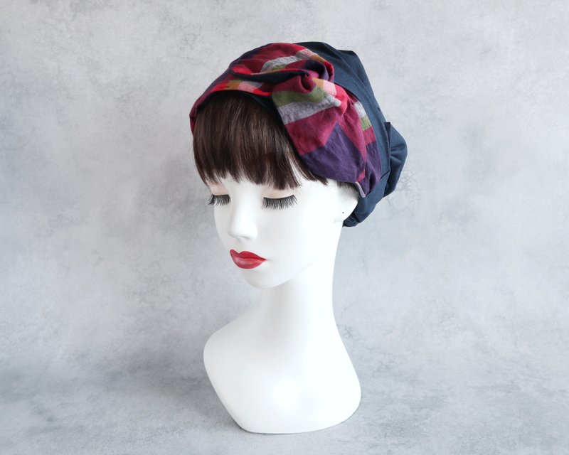 Made in Japan Medical Hair Turban: Retro Madras Check Sash Ribbon with Navy Hair Turban - Medical Cap / Care Hat - Hair Accessories - Cotton & Hemp Blue