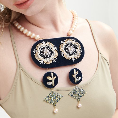 Live Life Detail Thai embroidery necklace collection FLOWER TREE & WATER with natural pearls