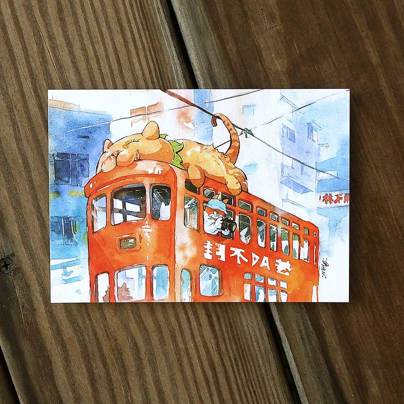 Cat New Tsai Lang's Travels Series Postcard-Ding Ding Car Hong Kong - Cards & Postcards - Paper Orange