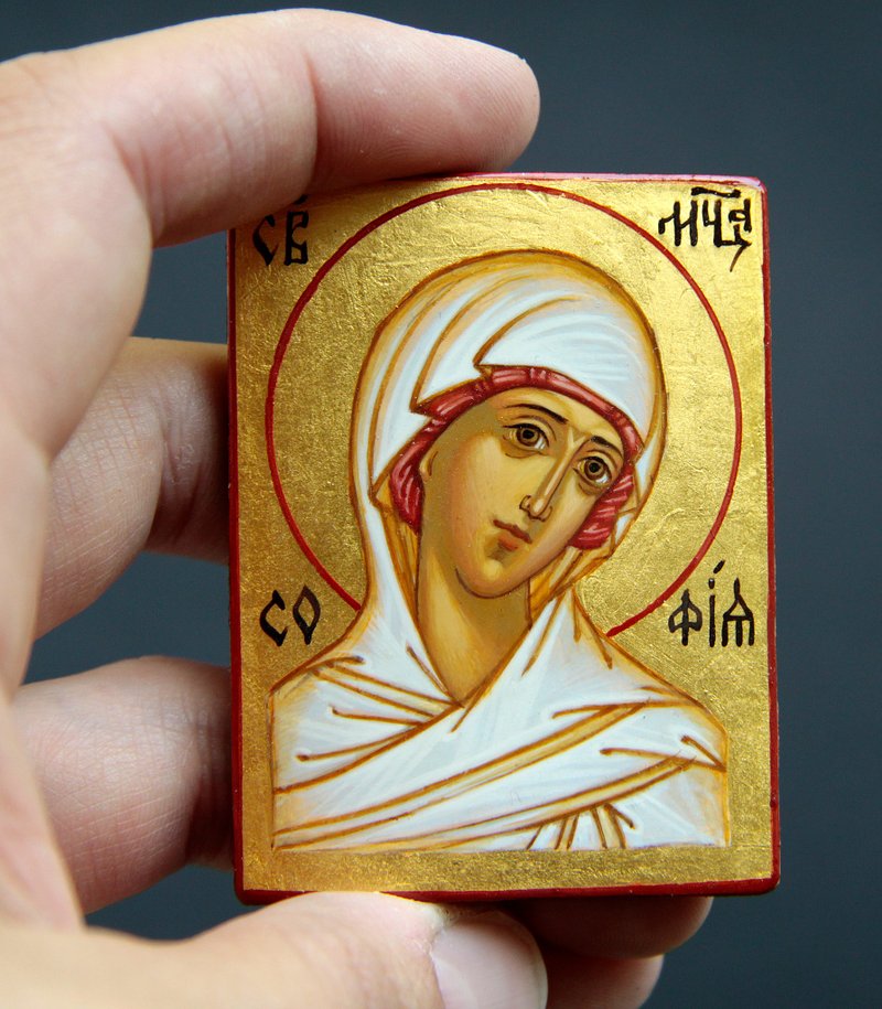 hand painted orthodox wood icon Saint Holy Martyr Sophia Religious pocket size - 其他 - 木頭 白色
