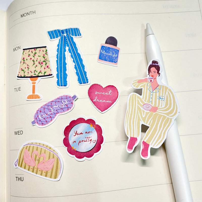 女孩睡前時光 貼紙組- 手帳 貼紙 插畫 - 貼紙 - 紙 藍色