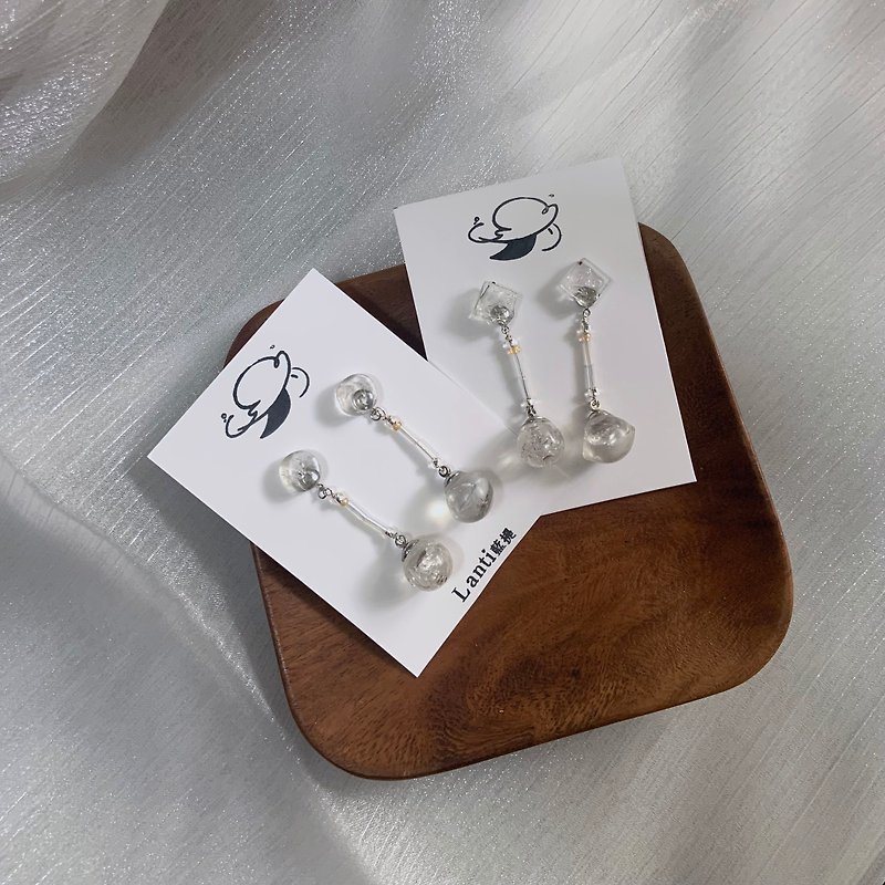 Natural stone crystal_square and round transparent white ball earrings ear pin Clip-On - Earrings & Clip-ons - Crystal 