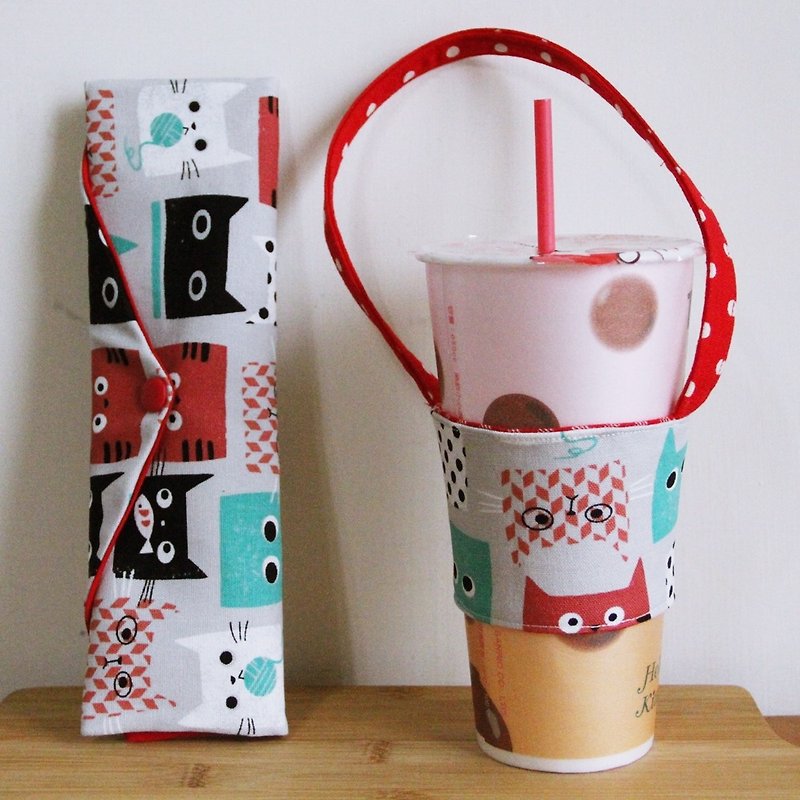 温青風環境箸バッグカップセット猫情熱的な収納バッグ手作り食器バッグピクニック収納 - 収納用品 - コットン・麻 レッド