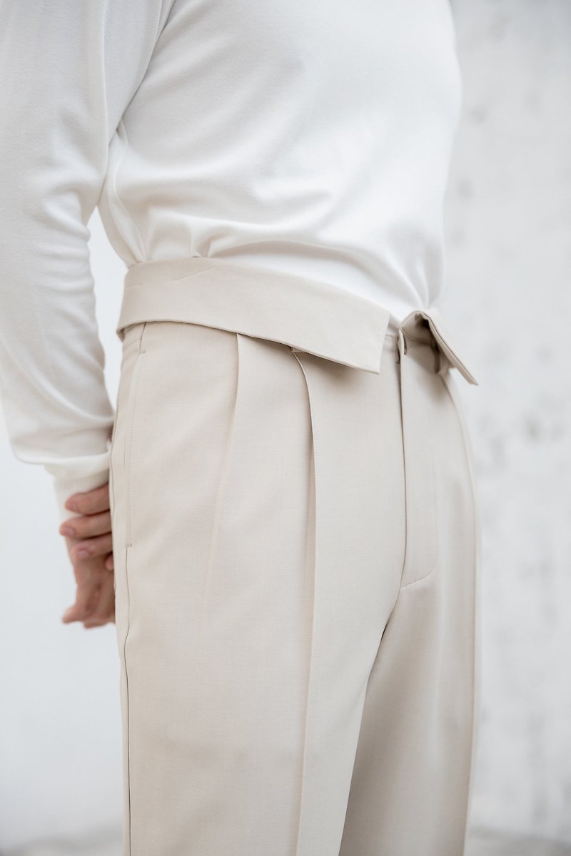 Beige Wool Samson Trousers - กางเกงขายาว - ผ้าฝ้าย/ผ้าลินิน สีกากี