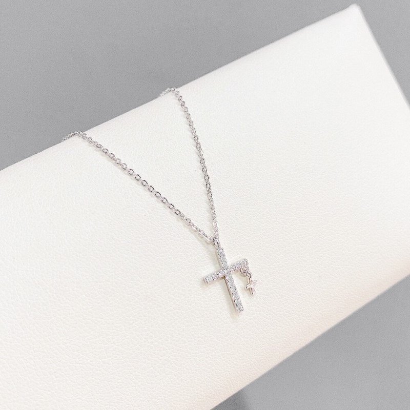 [SoLight Salt Blue] Micropaved Stone Korean Cross Necklace SL175 - สร้อยคอ - วัสดุอื่นๆ สีเงิน