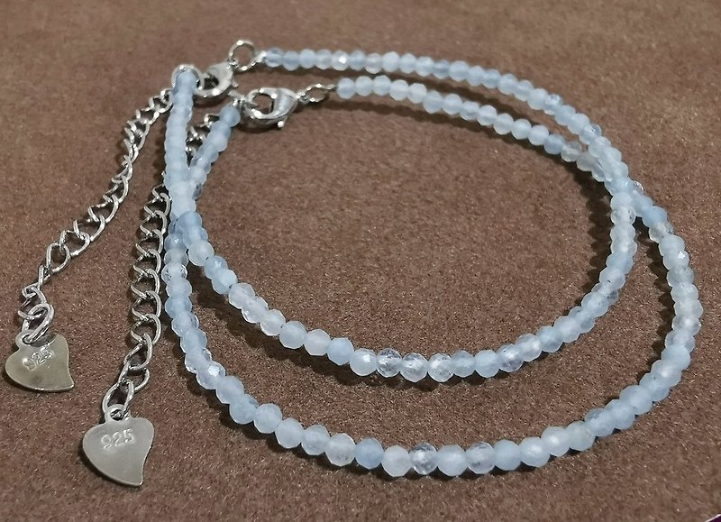Natural Aquamarine | 925 Silver Ultra Thin Bracelet Handmade Custom March Birthstone | - สร้อยข้อมือ - คริสตัล สีน้ำเงิน