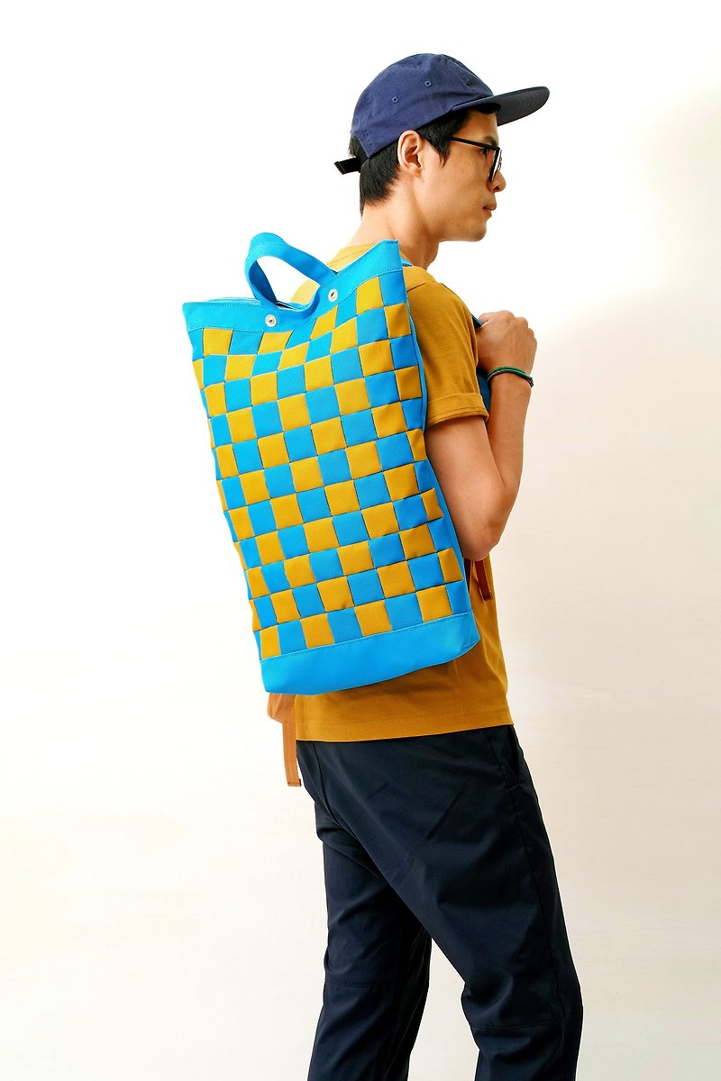 Spring is coming RAINY DAY-handmade color block stitching waterproof canvas back/laptop bag - Backpacks - Waterproof Material Blue