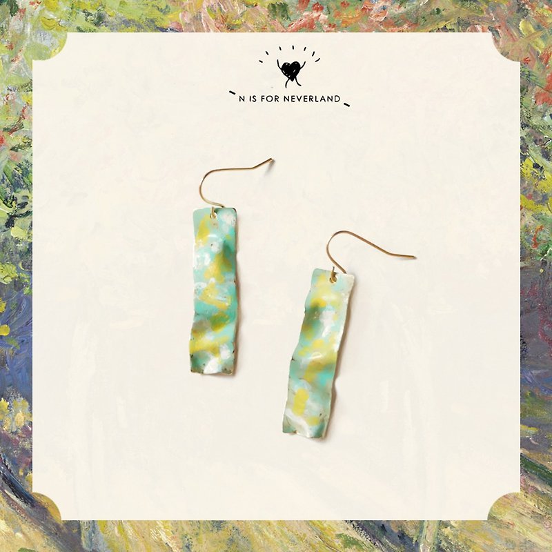 Monet oil painting series texture sense hand-painted yellow-green spring Bronze plated thick 18k gold earrings - Earrings & Clip-ons - Copper & Brass Gold