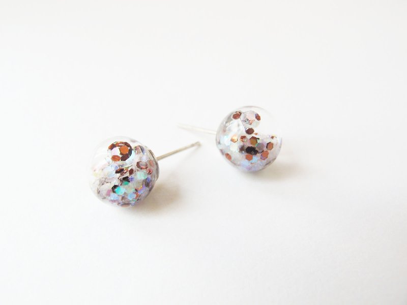 * Rosy Garden * brown and white glitter with water inside glass ball earrings - Earrings & Clip-ons - Glass Multicolor