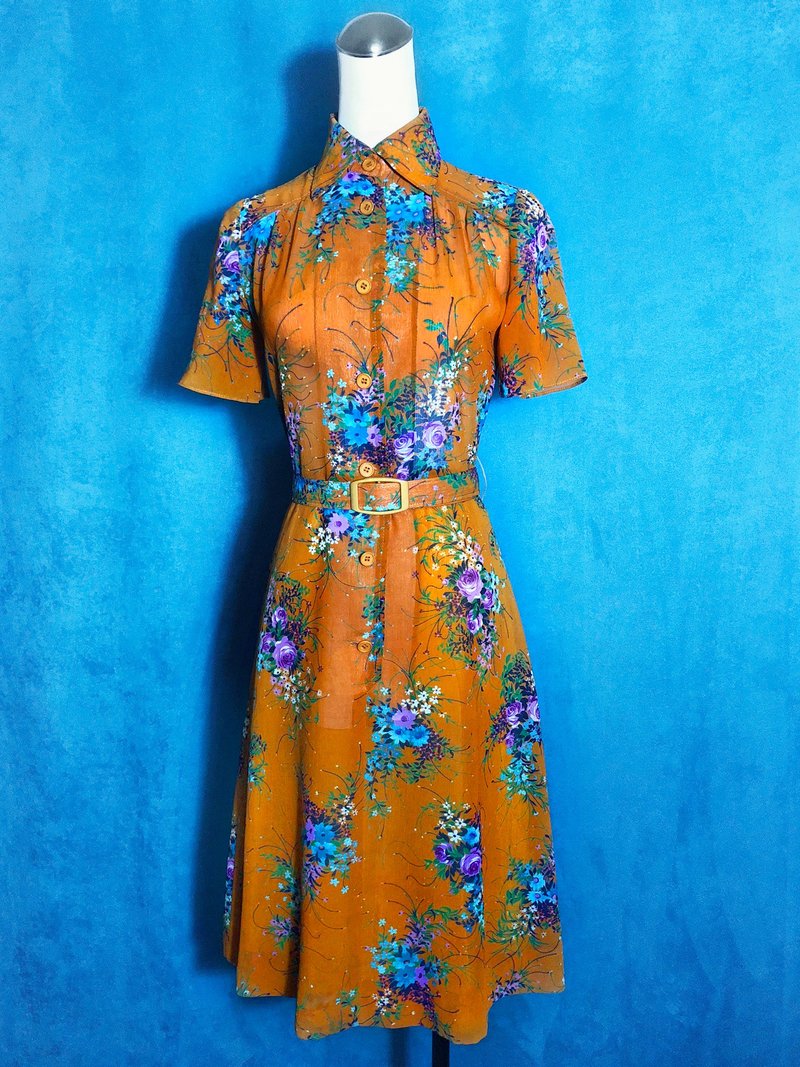 Flower belt short-sleeved vintage dress / abroad brought back VINTAGE - One Piece Dresses - Polyester Orange