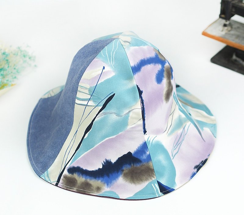 手工雙面帽  遮陽帽 自然簡約 渲然 母親節禮物【淡染藍調】藍紫【HM-18】限量古布 - 帽子 - 棉．麻 白色