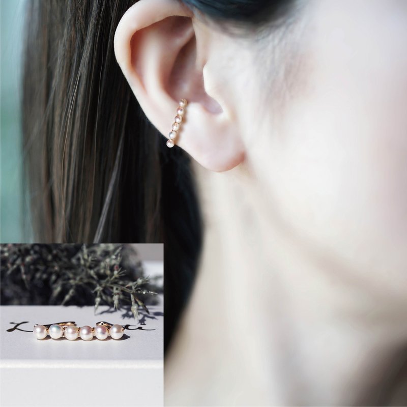 14KGF ear cuff with 3mm pearls on each side, Shiratsuyu - Earrings & Clip-ons - Gemstone White