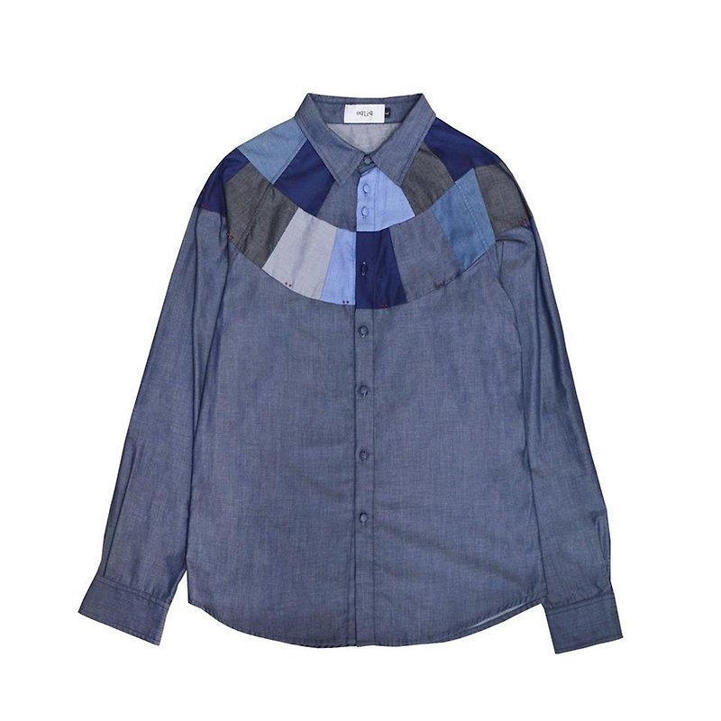 oqLiq - Root - Snow tannin stitching shirt - เสื้อเชิ้ตผู้ชาย - ผ้าฝ้าย/ผ้าลินิน สีน้ำเงิน