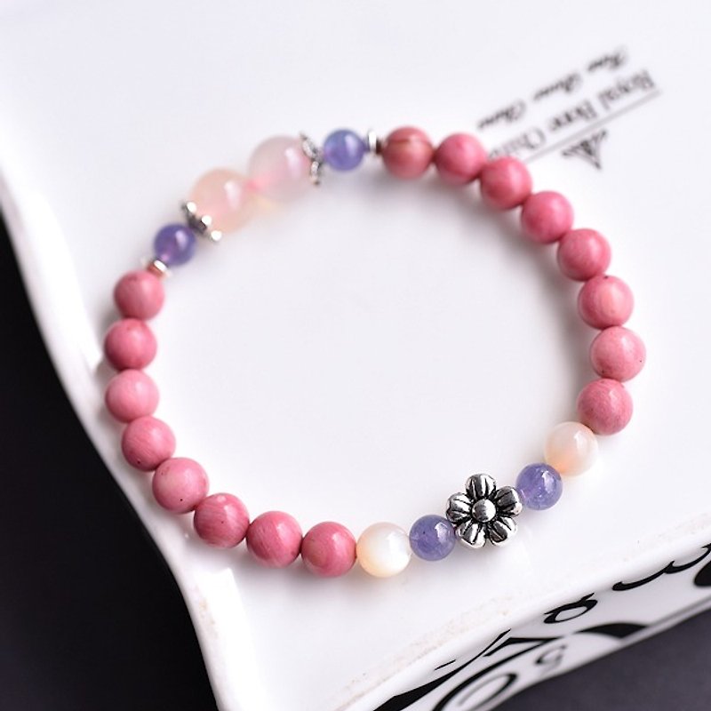 Rose Stone+ tanzanite + cherry agate sterling silver flower bracelet - Bracelets - Gemstone Pink