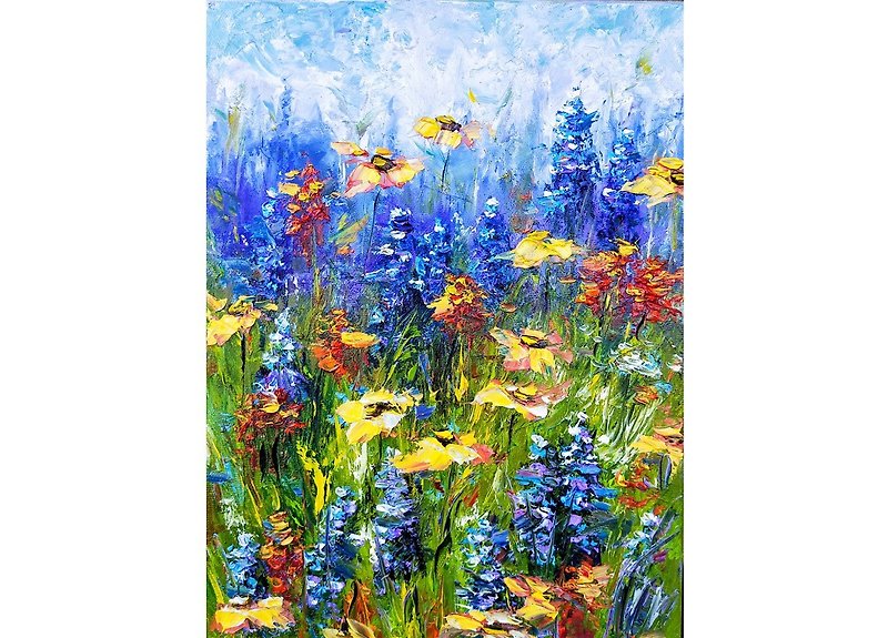 Bluebonnets Painting Flower Original Artwork 40x30 cm/16 by 12 inch - โปสเตอร์ - ผ้าฝ้าย/ผ้าลินิน หลากหลายสี