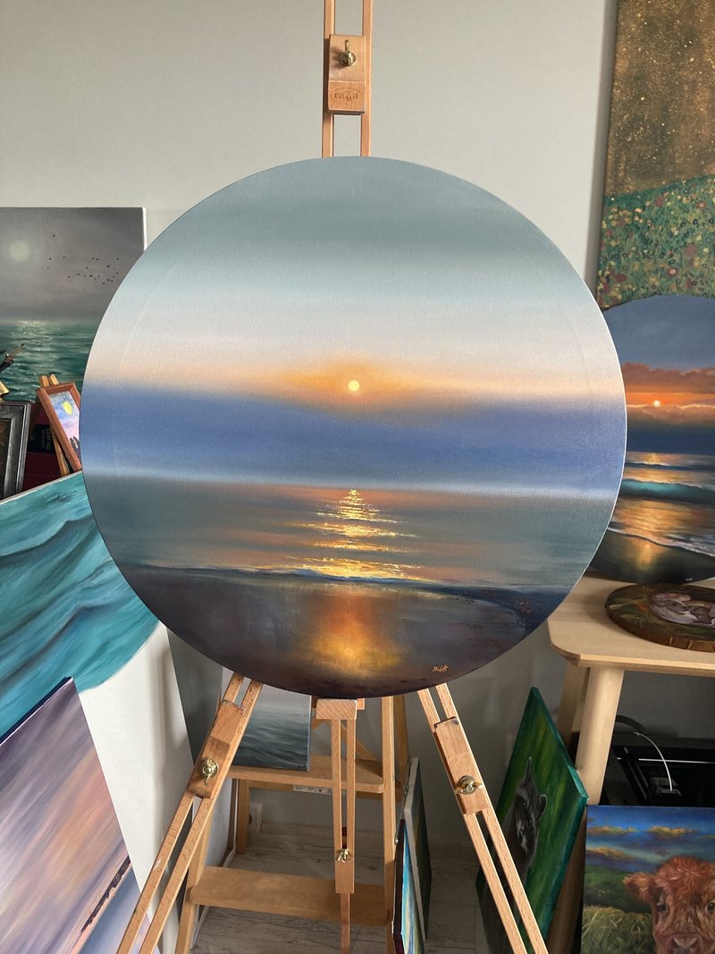 Original Sunrise Ocean Oil Painting, Round Canvas Painting, Original Canvas Art - 壁貼/牆壁裝飾 - 棉．麻 藍色