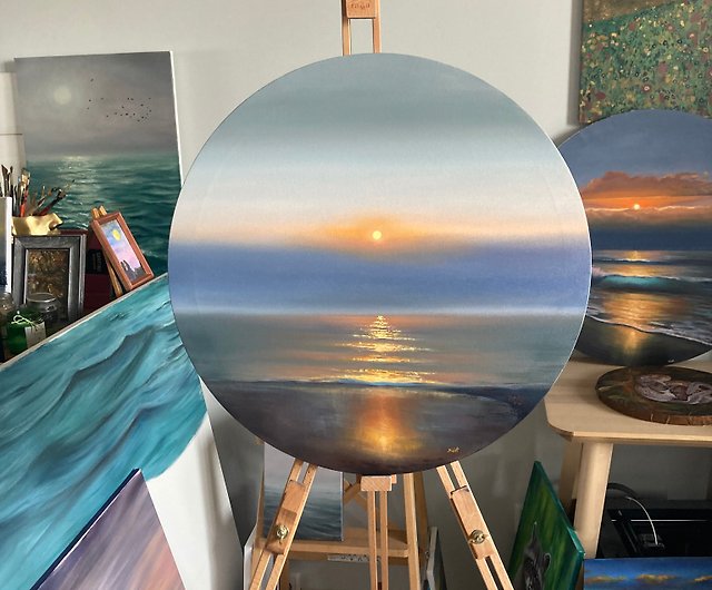 Original Sunrise Ocean Oil Painting, Round Canvas Painting, Original Canvas  Art - Shop Yackunaite_Art Wall Décor - Pinkoi
