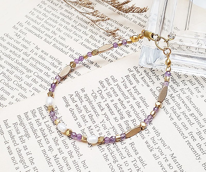 Peerless Series - Guardian Amethyst Bronze section x freshwater pearl bracelet custom detail - Bracelets - Crystal Purple