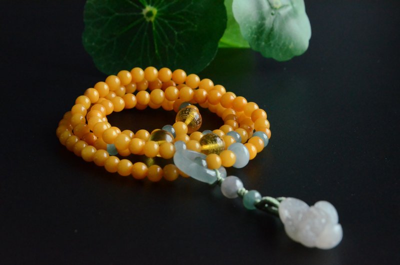 [Green Lotus Shadow] Natural Hetian Jade Smoke Purple Lotus Amber Wax Small Round Beads 108 Rosary Multi-Circle Bracelet - Bracelets - Gemstone 