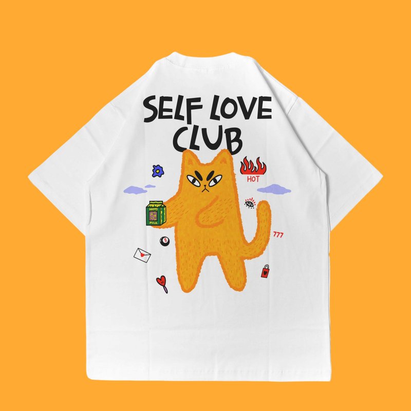 Self Love Club Funny Cat Illustration Oversized T-Shirt - 女 T 恤 - 其他材質 白色