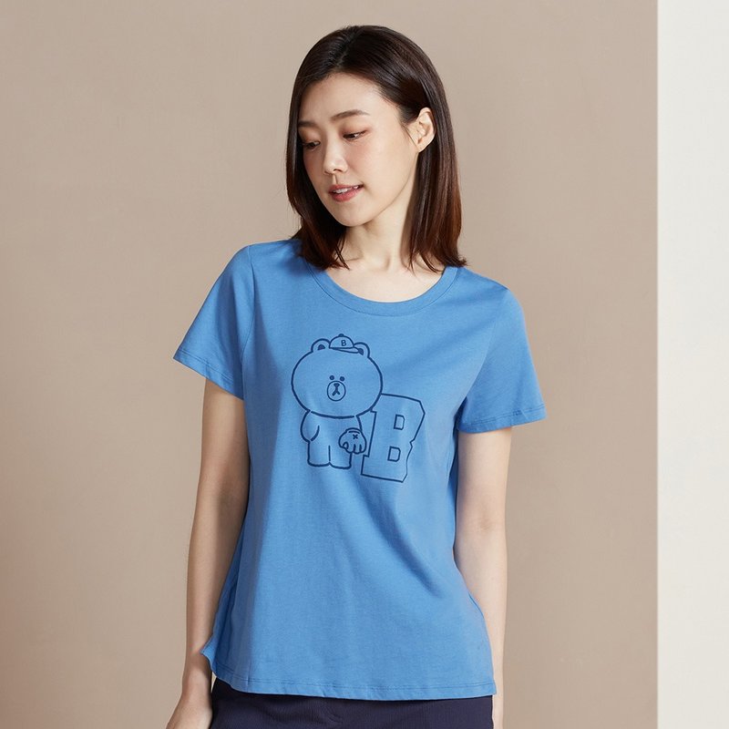 LINE FRIENDS | 熊大棒球網印短袖上衣-寧靜藍 - 女 T 恤 - 棉．麻 藍色
