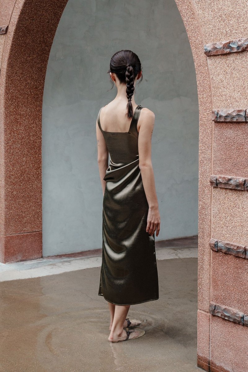 Classic waist draped dress(pearlescent green) - One Piece Dresses - Other Man-Made Fibers Green