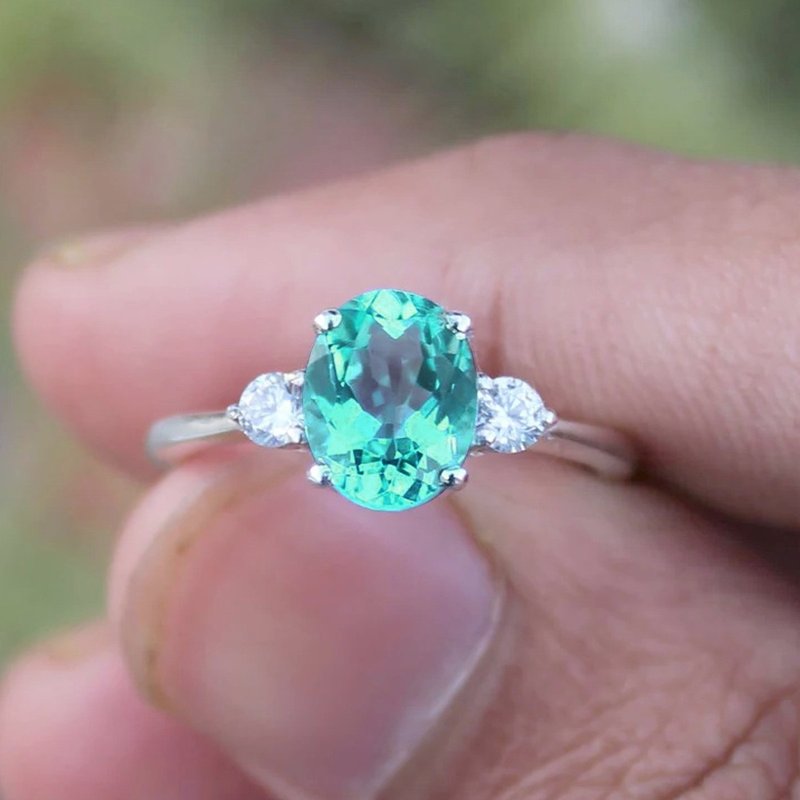 9 x 7 mm Blue green natural topaz ring silver sterling 925 size 7.0 free resize - 戒指 - 純銀 綠色