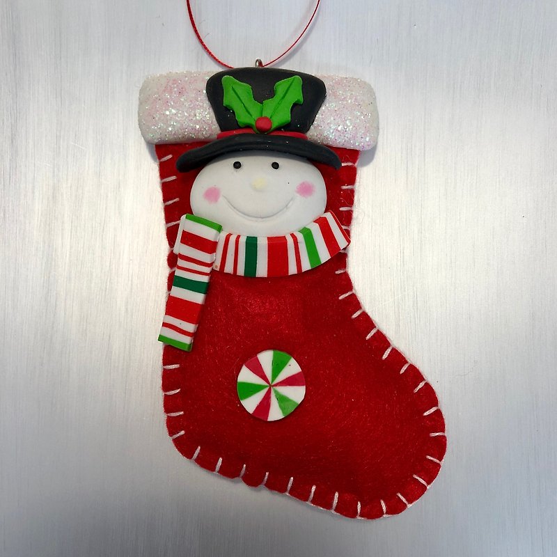 Christmas Stocking Snowman Charm - ของวางตกแต่ง - ผ้าฝ้าย/ผ้าลินิน สีแดง