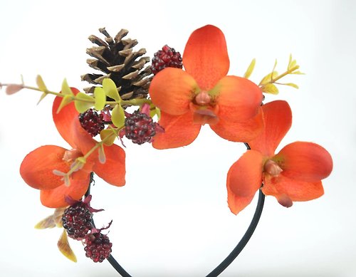 Elle Santos Crown Flower Headpiece in Bright Orange with Silk Flower Orchids and Berries