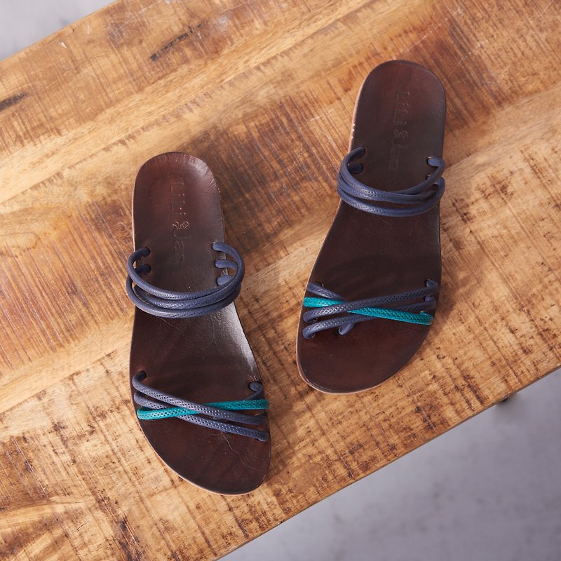 [Pure holiday] hit color leather rope sandals and slippers _ lake green / blue