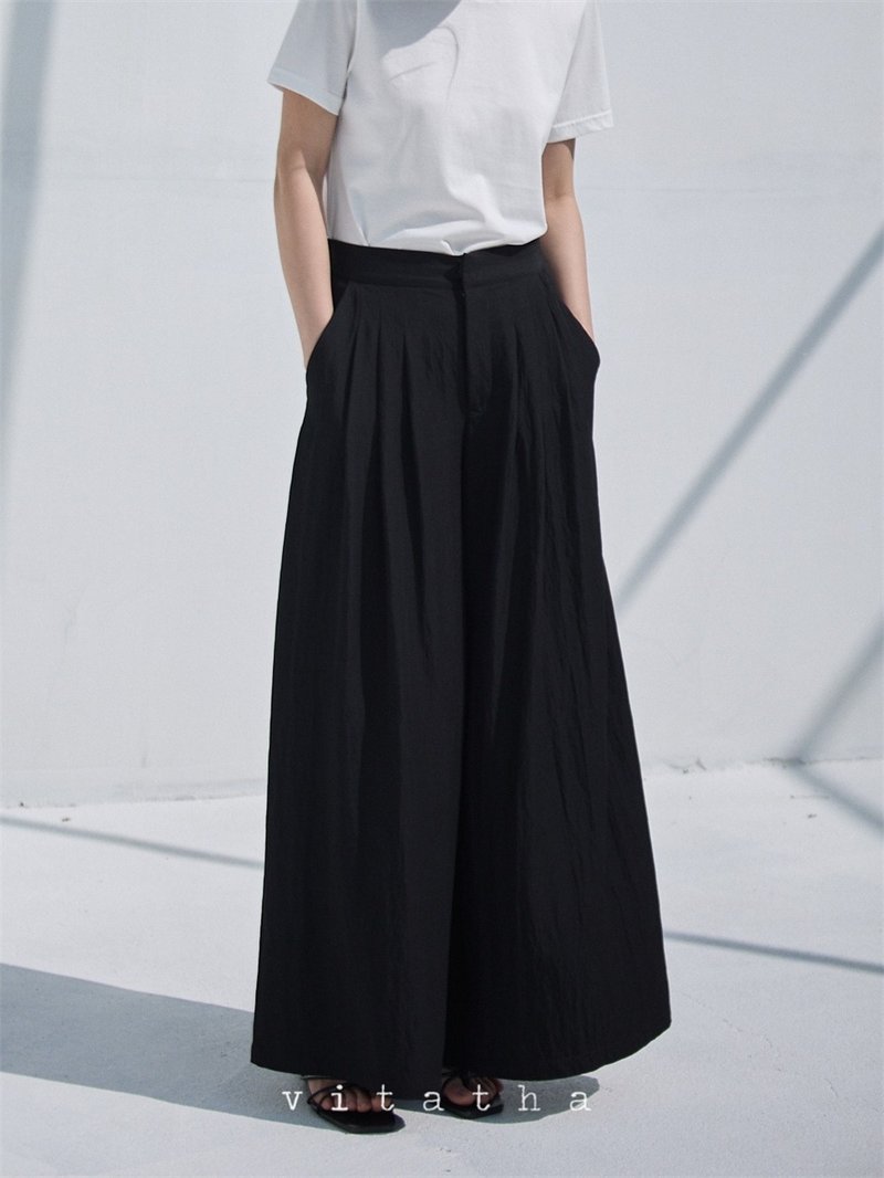 Black 2-color heavyweight loose elastic drape wide-leg wide pants spring and summer loose temperament culottes - Women's Pants - Cotton & Hemp Black