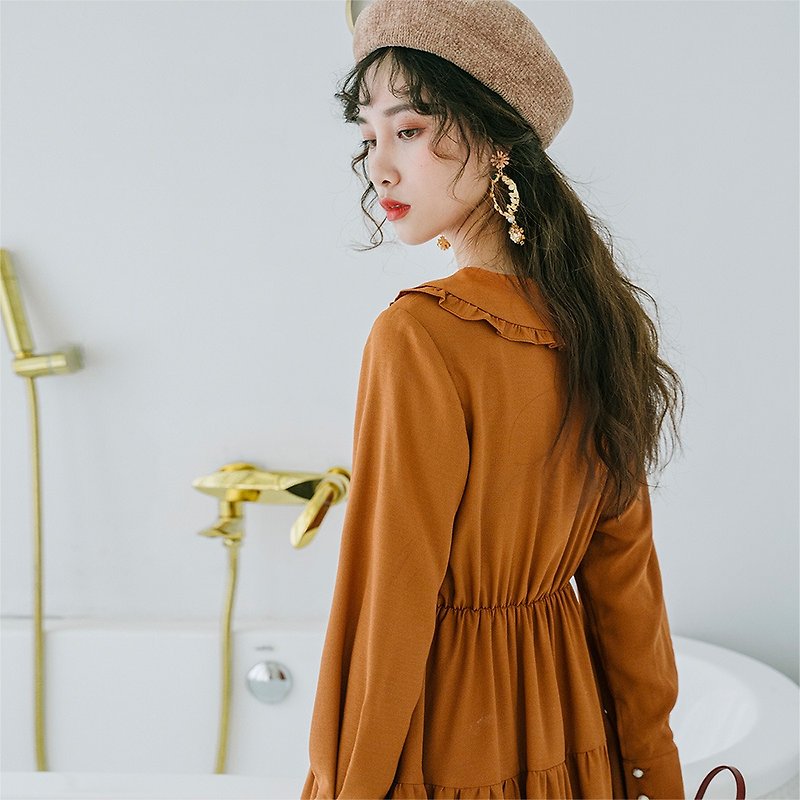[Autumn new] Anne Chen dress waist waist slimming smoked orange stalk skirt temperament retro skirt 9734 - ชุดเดรส - วัสดุอื่นๆ 