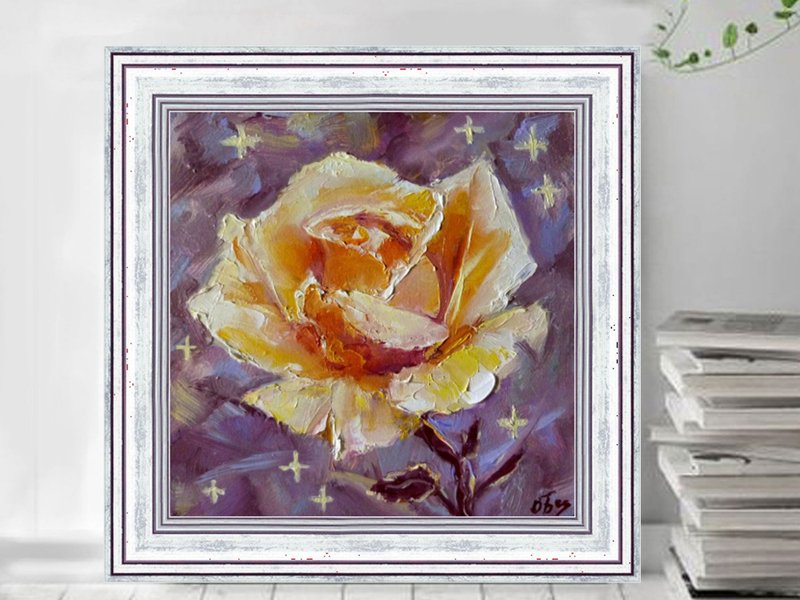 用玫瑰绘画 - Yellow rose oil painting - Original artwork - Small flowers painting - 海報/掛畫/掛布 - 其他材質 金色