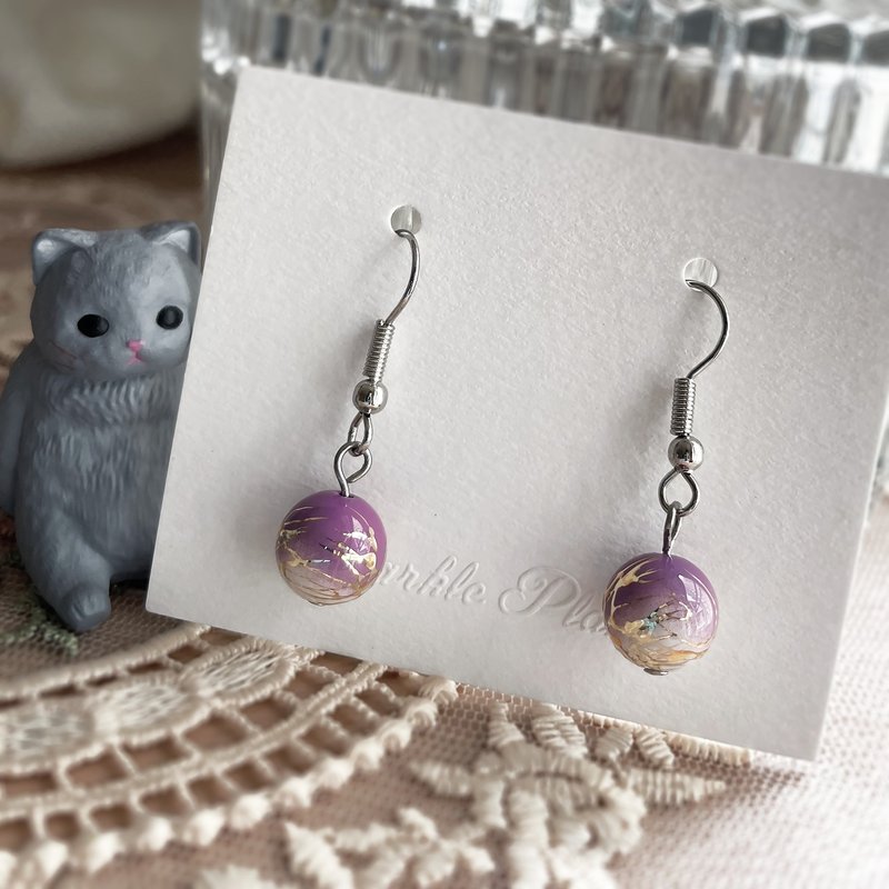 Japanese style gold pattern arabic bead earrings - thin purple - Earrings & Clip-ons - Other Metals Purple