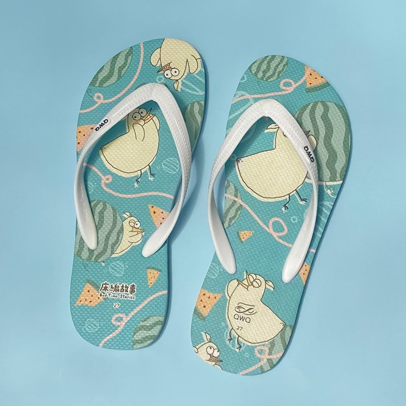 男款防滑夾腳拖鞋-床編故事聯名人字拖鞋-小雞汁西瓜之夢- - 拖鞋 - 橡膠 多色