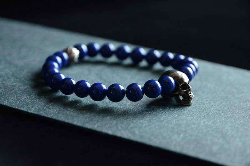 [Night] natural stone lapis lazuli 8mm 925 silver ornaments old skull men's bracelet - Bracelets - Semi-Precious Stones Blue