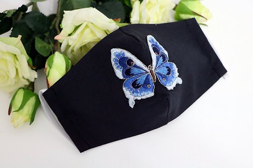 Designer beaded jewelry by Mariya Klishina Face mask with blue butterfly Reusable cloth mask Fashion embroidered mask
