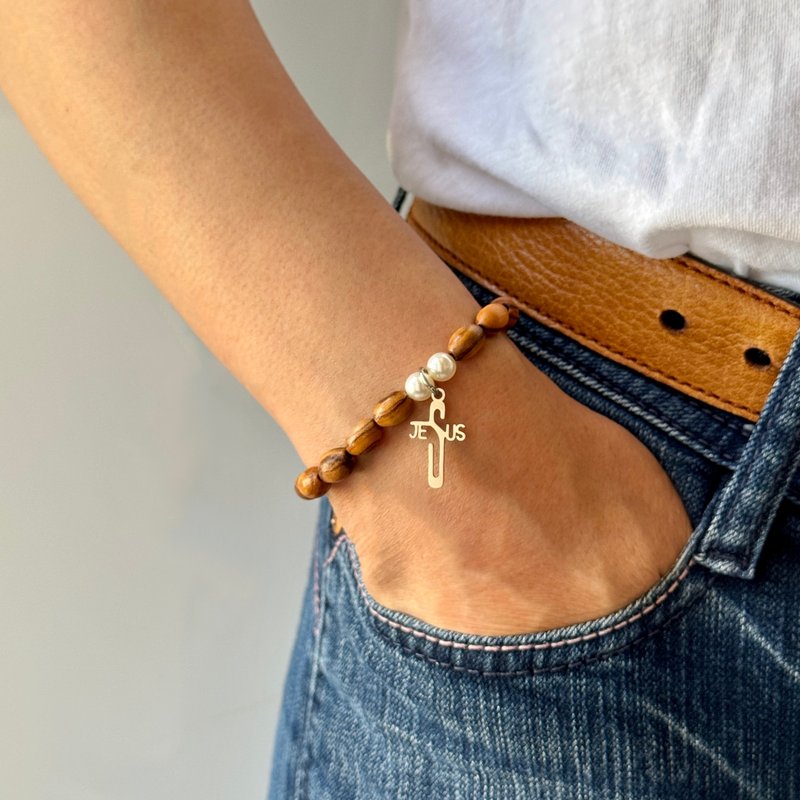 Bracelet,9mmOval Olive Wood Beads,Swarovski White Pearl, Stainless JESUS Pendant - สร้อยข้อมือ - ไม้ หลากหลายสี