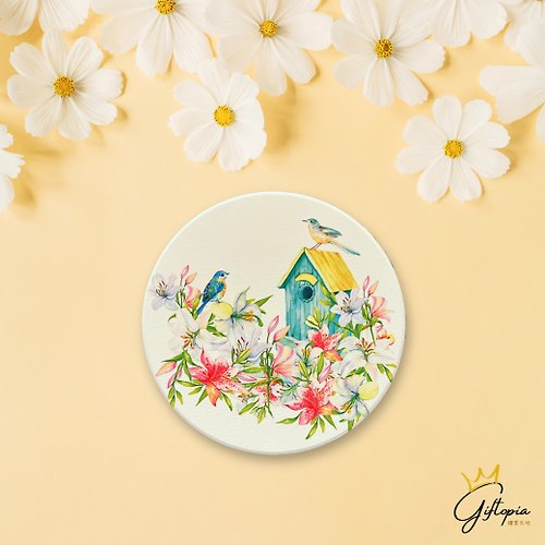 Giftopia 禮享天地 【花叢中的鳥兒】陶瓷吸水杯墊 台灣製