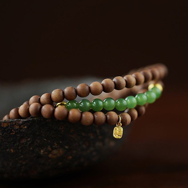 Mountain wood and Stone 3-ring bracelets in the future, natural Indian Laoshan Tanyang green jasper 24k gold beaded chain for women - สร้อยข้อมือ - วัสดุอื่นๆ 