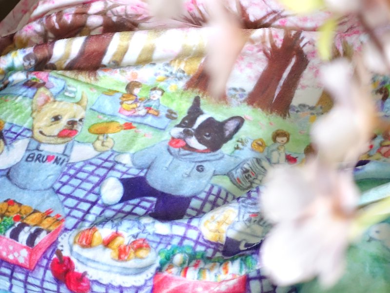 French Bulldog and Sakura Illustrated Blanket - ผ้าห่ม - วัสดุอื่นๆ สึชมพู