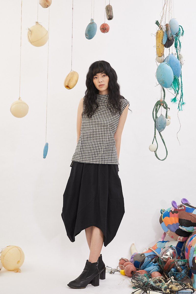 吕色黑墨花苞裙_Fair trade - Skirts - Cotton & Hemp Black