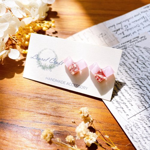 Laurel Craft 馬賽克愛心系列 撫子粉/乾玫碎花 小款 925純銀針耳環/無痛耳夾